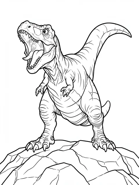 Black and white line art of a roaring tyrannosaurus rex standing on a rocky hilltop