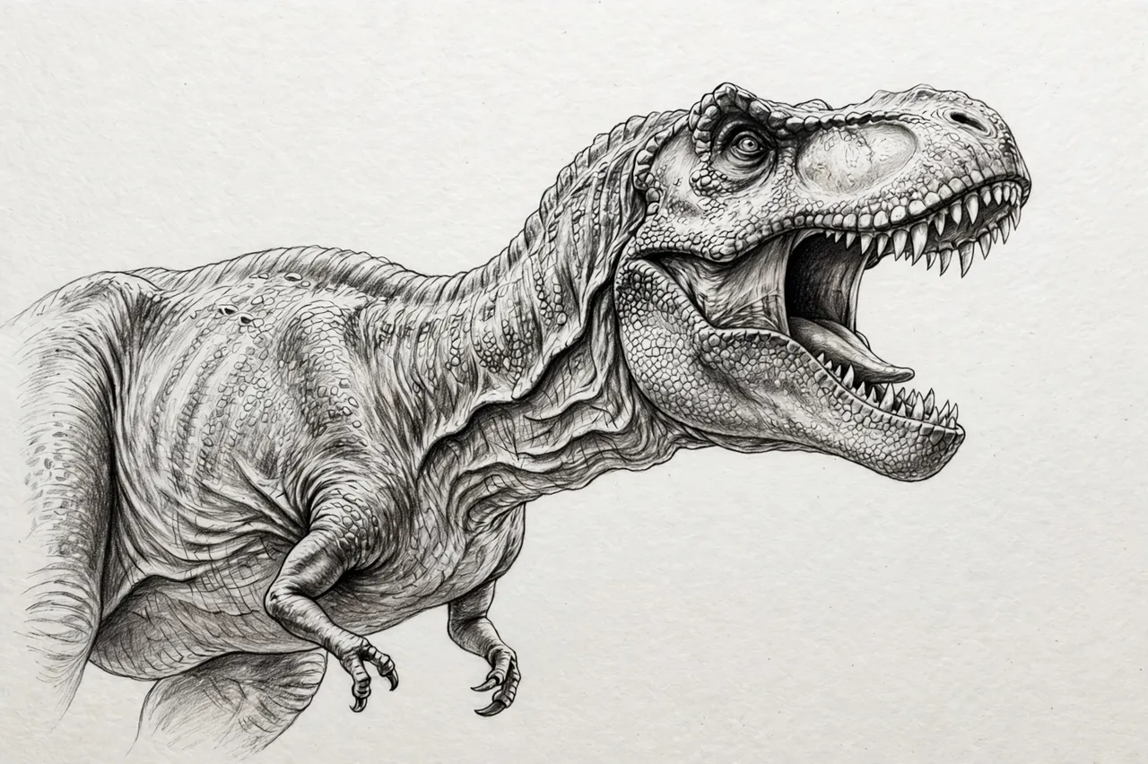 Detailed graphite pencil sketch of a roaring Tyrannosaurus rex in side profile on textured white paper