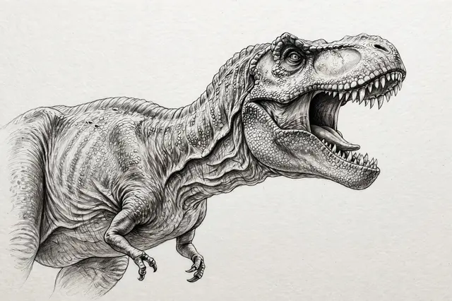 Detailed graphite pencil sketch of a roaring Tyrannosaurus rex in side profile on textured white paper
