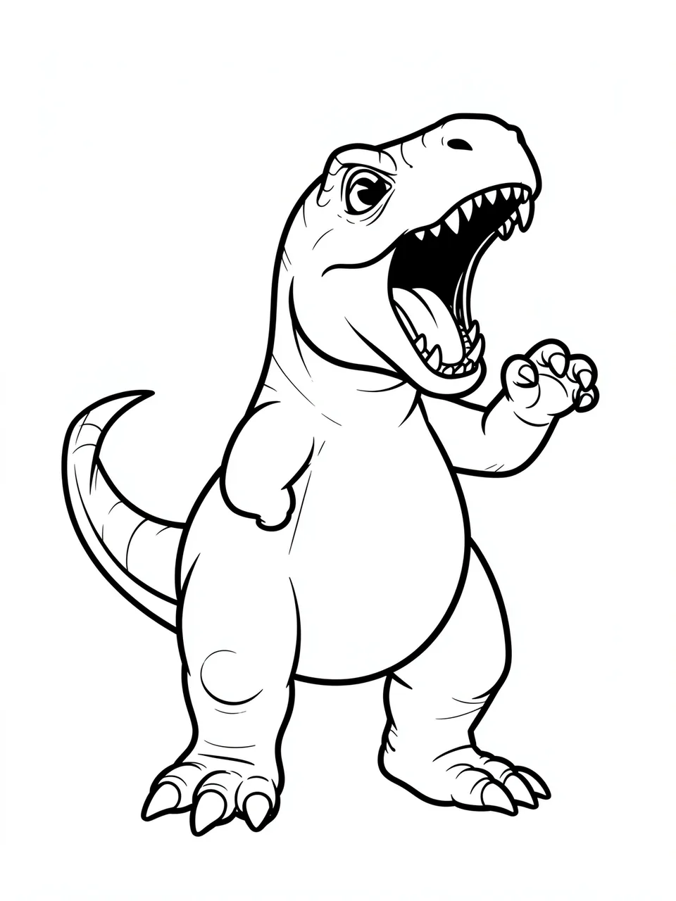 Bold black and white line art of a stubby-armed roaring cartoon T-Rex on a plain white background