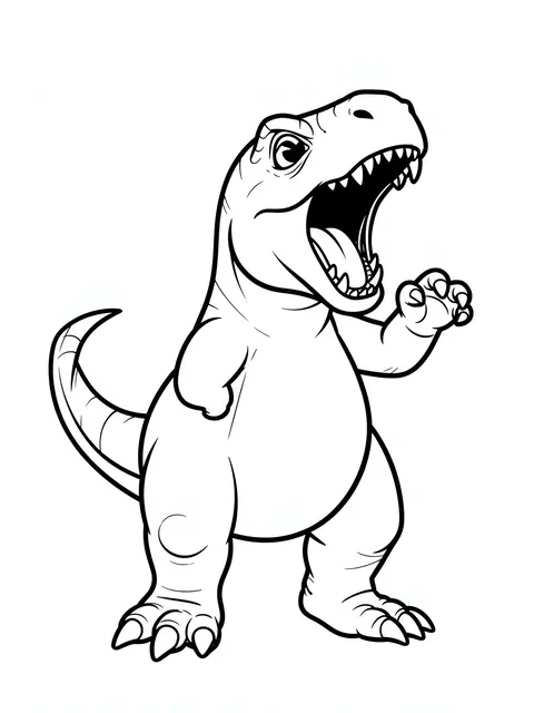 Bold black and white line art of a stubby-armed roaring cartoon T-Rex on a plain white background