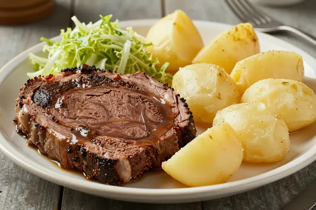 A plated serving of seasoned roast beef with gravy, boiled potatoes and leafy greens on a wooden table.