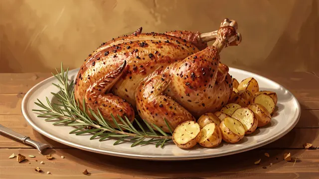 Oil painting of a seasoned whole roast chicken on a platter with roasted potatoes and rosemary, lit by warm soft light.