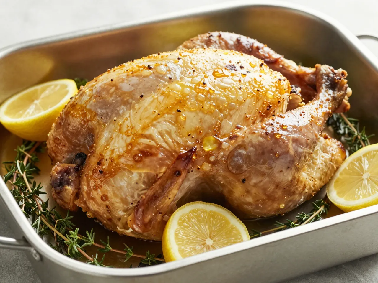 Golden whole roast chicken rests in a metal roasting pan with lemon halves and fresh thyme.