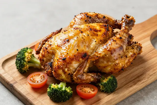 Glazed whole roast chicken arranged with broccoli and tomato halves on a wooden serving board