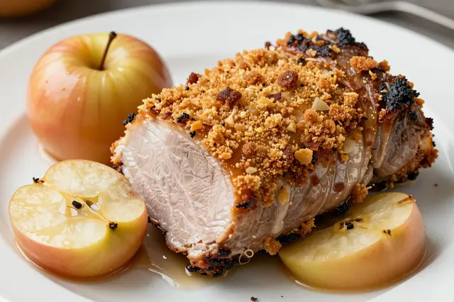Crumb-topped roast pork loin served with whole and halved baked apples on a white plate