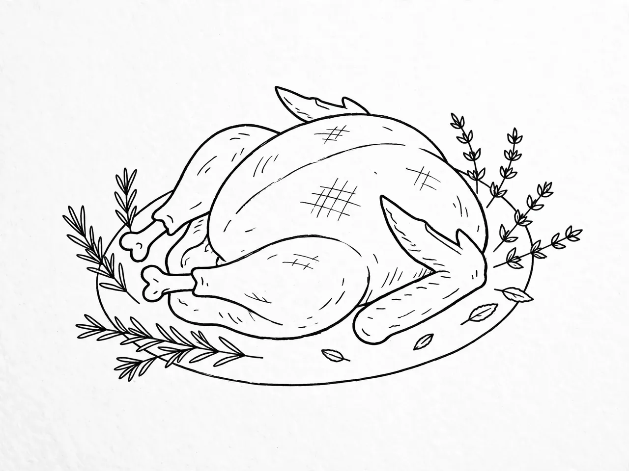 Simple black line drawing of a roasted turkey on a platter garnished with herbs