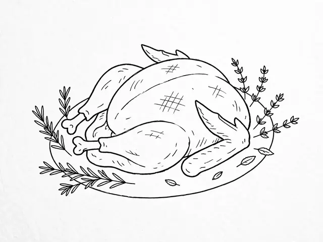 Simple black line drawing of a roasted turkey on a platter garnished with herbs