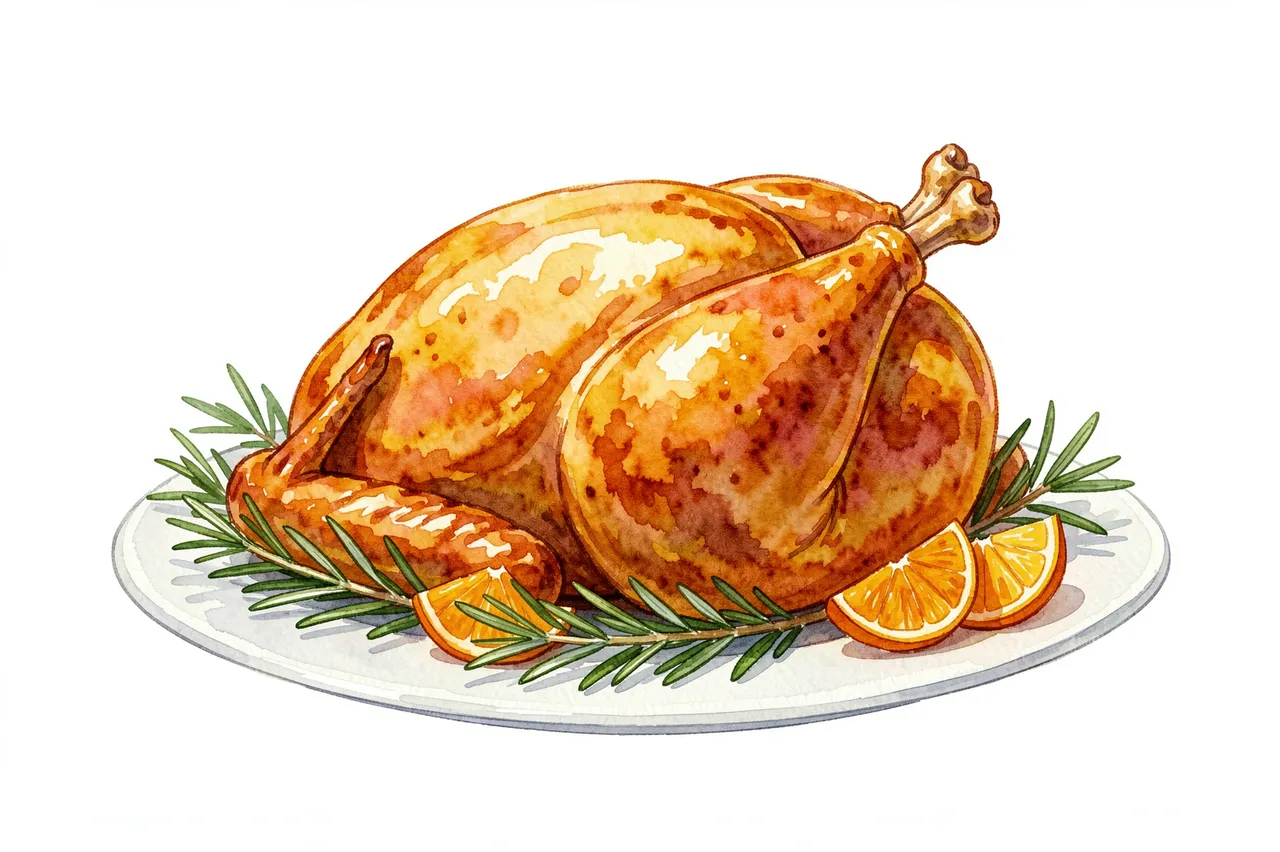 Watercolor illustration of a golden roasted turkey on a white platter with rosemary and orange slices on a plain white
