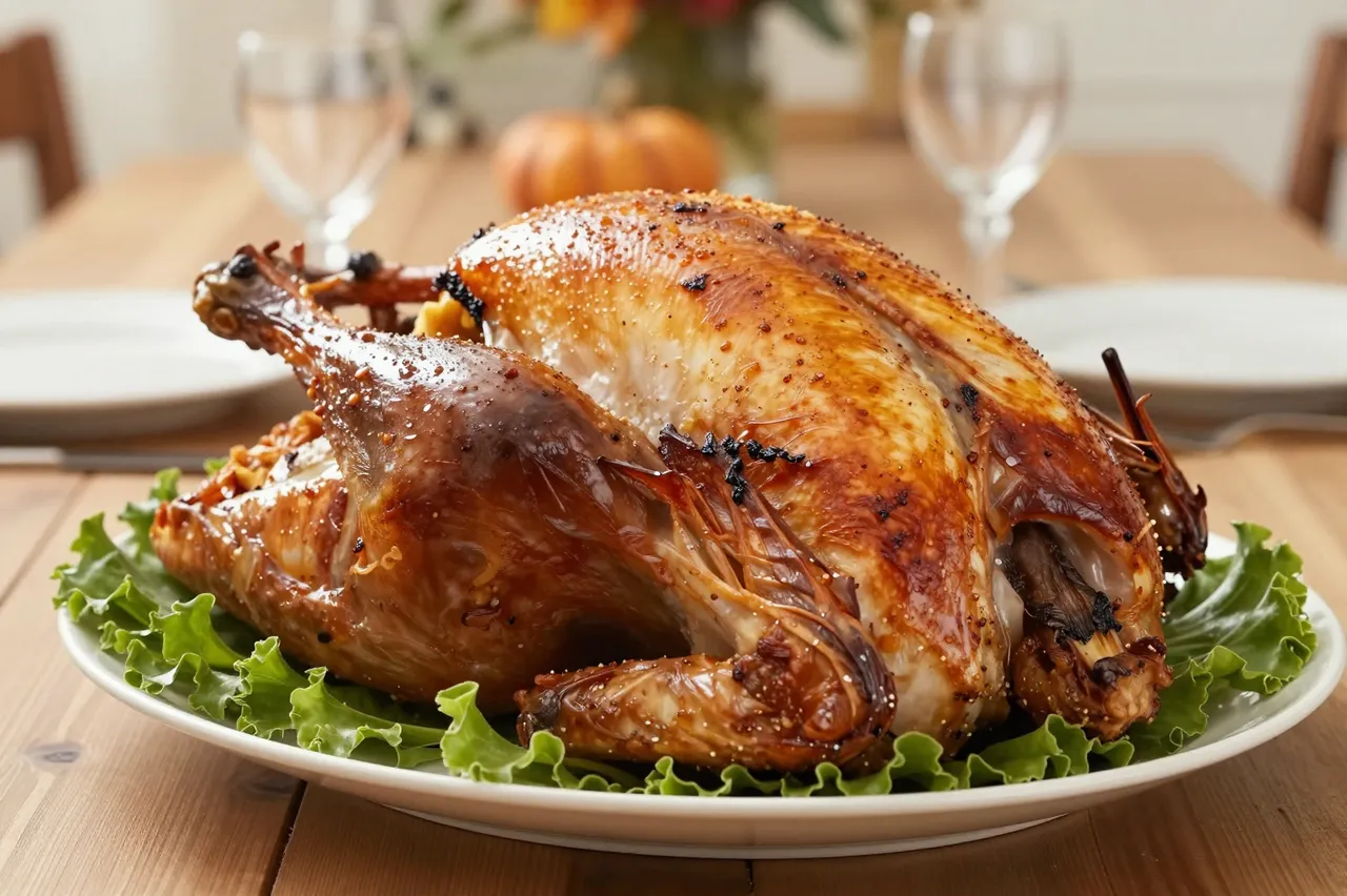 Golden seasoned roast turkey rests on a lettuce-lined platter atop a set wooden Thanksgiving dinner table