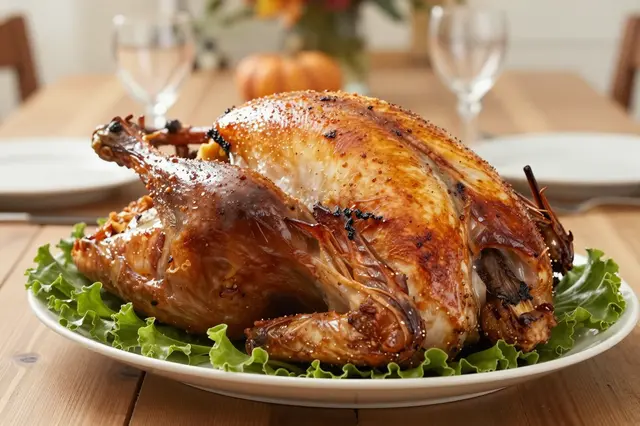 Golden seasoned roast turkey rests on a lettuce-lined platter atop a set wooden Thanksgiving dinner table