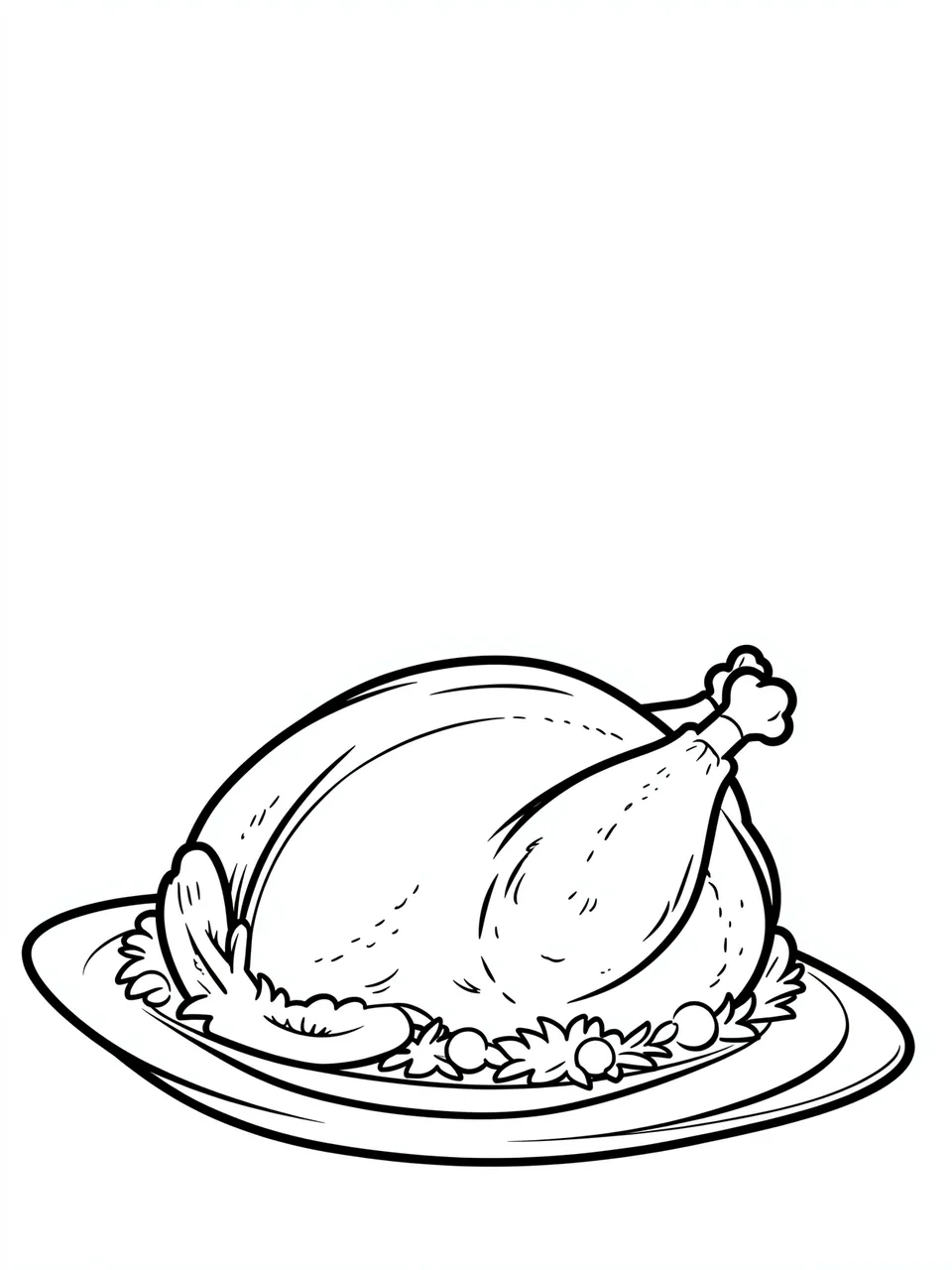 Bold black and white line art of a roast turkey on a decorated serving platter for coloring