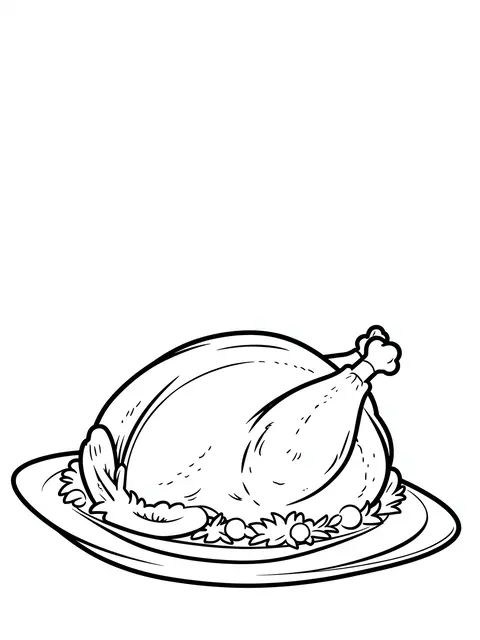 Bold black and white line art of a roast turkey on a decorated serving platter for coloring