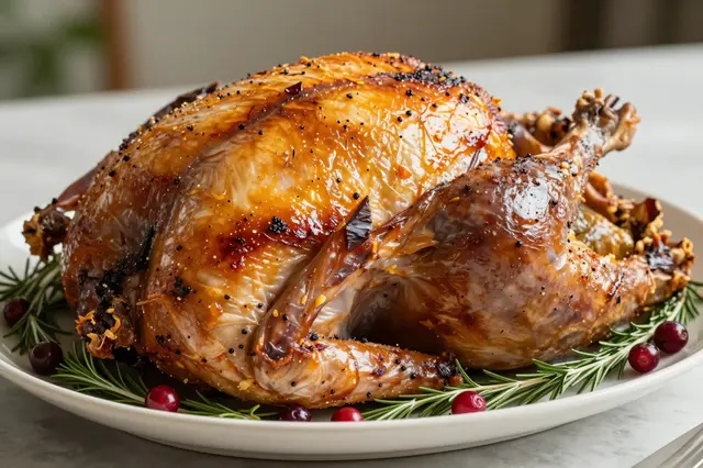 Glossy spiced roast turkey rests on a white platter garnished with rosemary and cranberries