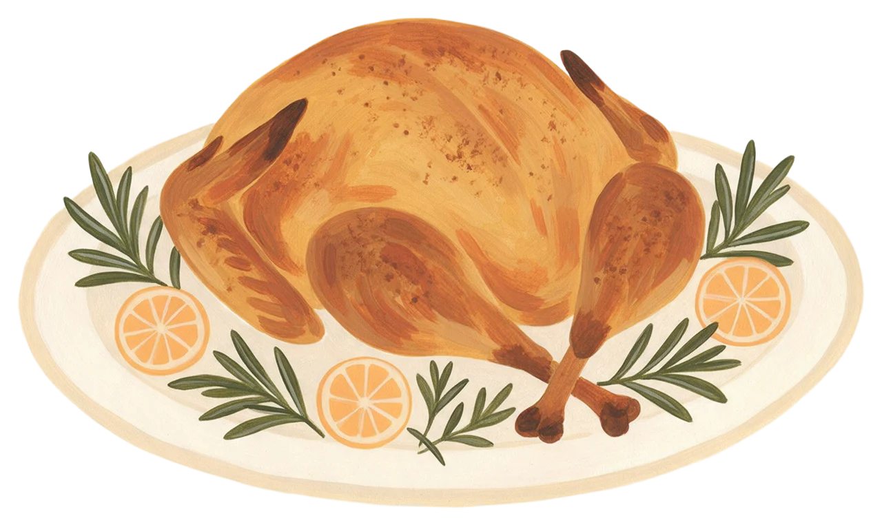 Hand-painted gouache illustration of a golden roast turkey garnished with rosemary and orange slices on a platter