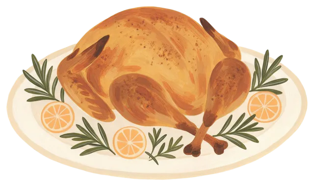 Hand-painted gouache illustration of a golden roast turkey garnished with rosemary and orange slices on a platter