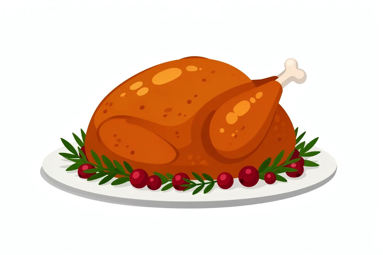 Flat illustration of a cooked roast turkey on a white platter garnished with herbs and cranberries, isolated on a plain