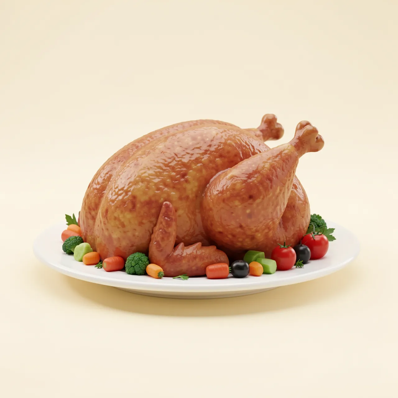 3D rendered glazed roast turkey arranged with tiny vegetables on a white platter on a soft cream background