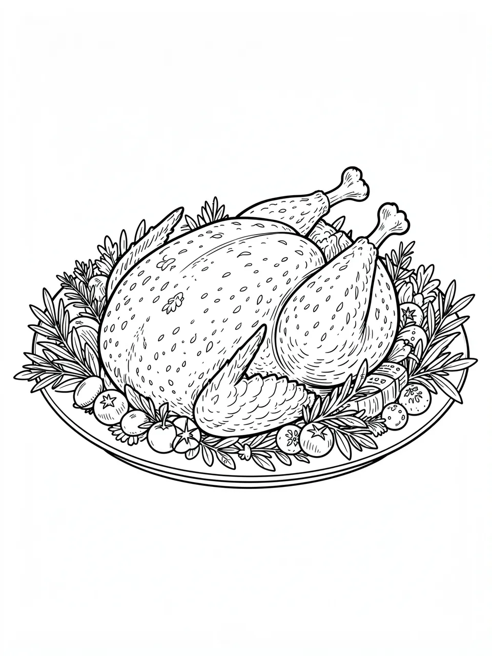 Black and white line art of a roast turkey on a platter ringed with vegetables and herbs for coloring