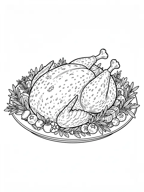 Black and white line art of a roast turkey on a platter ringed with vegetables and herbs for coloring