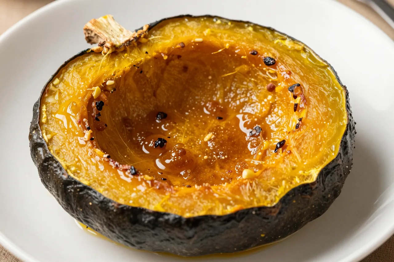 A single roasted acorn squash half with caramelized glaze rests on a white ceramic plate