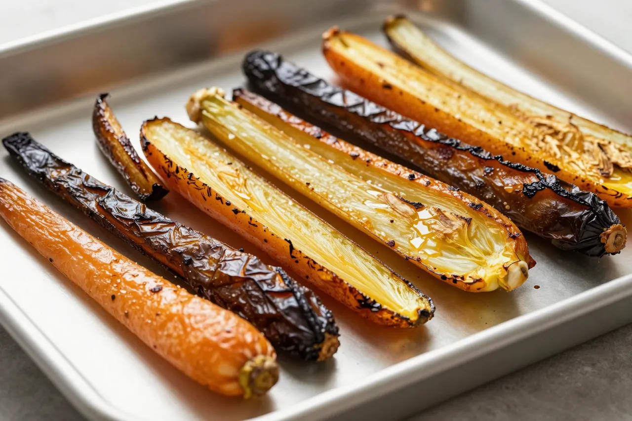 Caramelized roasted carrots and leeks rest arranged on a metal sheet pan.
