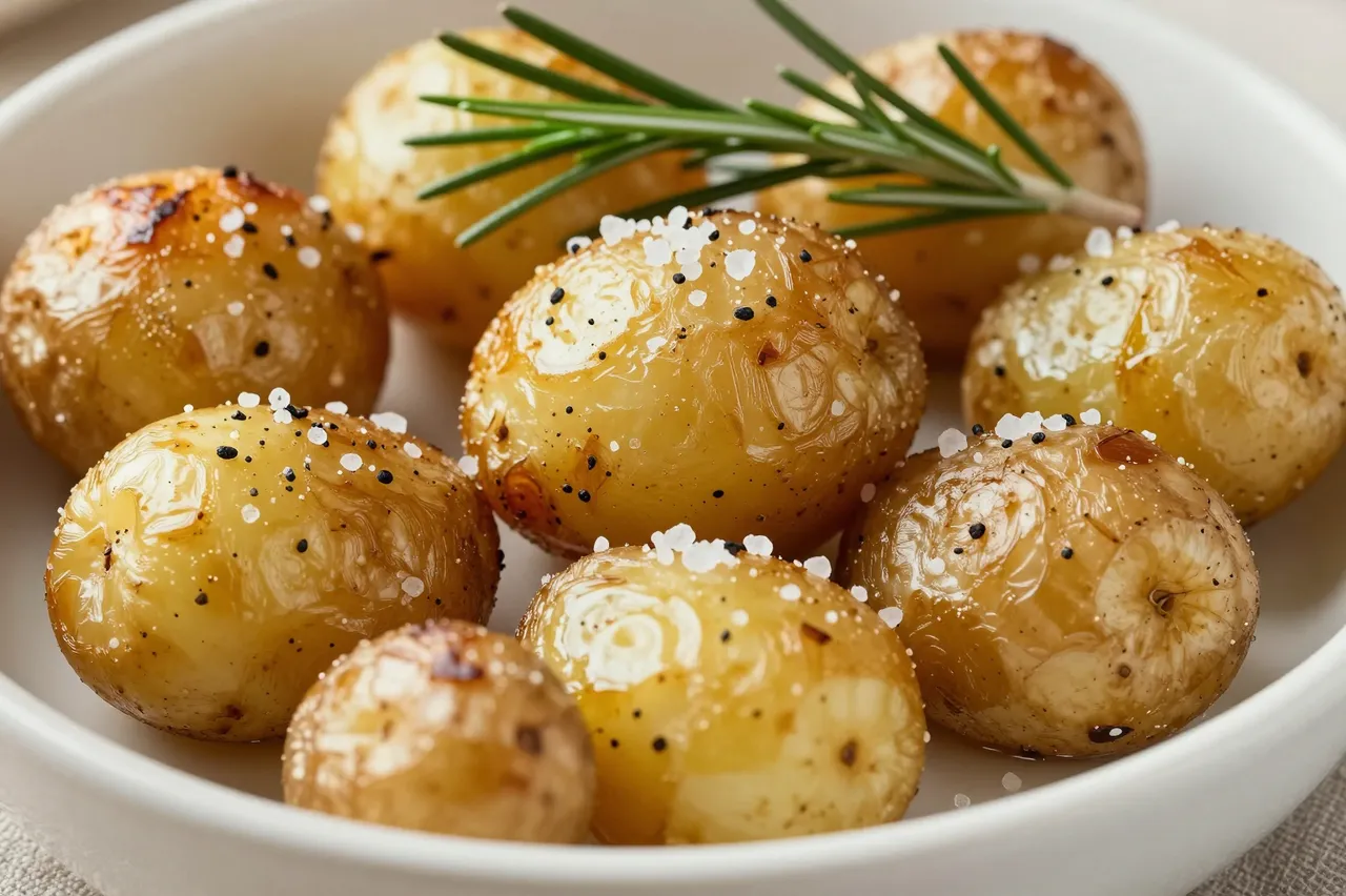 Crispy roasted baby potatoes topped with flaky salt, pepper and a fresh rosemary sprig sit in a white ceramic bowl