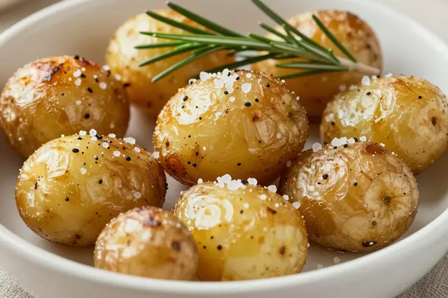 Crispy roasted baby potatoes topped with flaky salt, pepper and a fresh rosemary sprig sit in a white ceramic bowl
