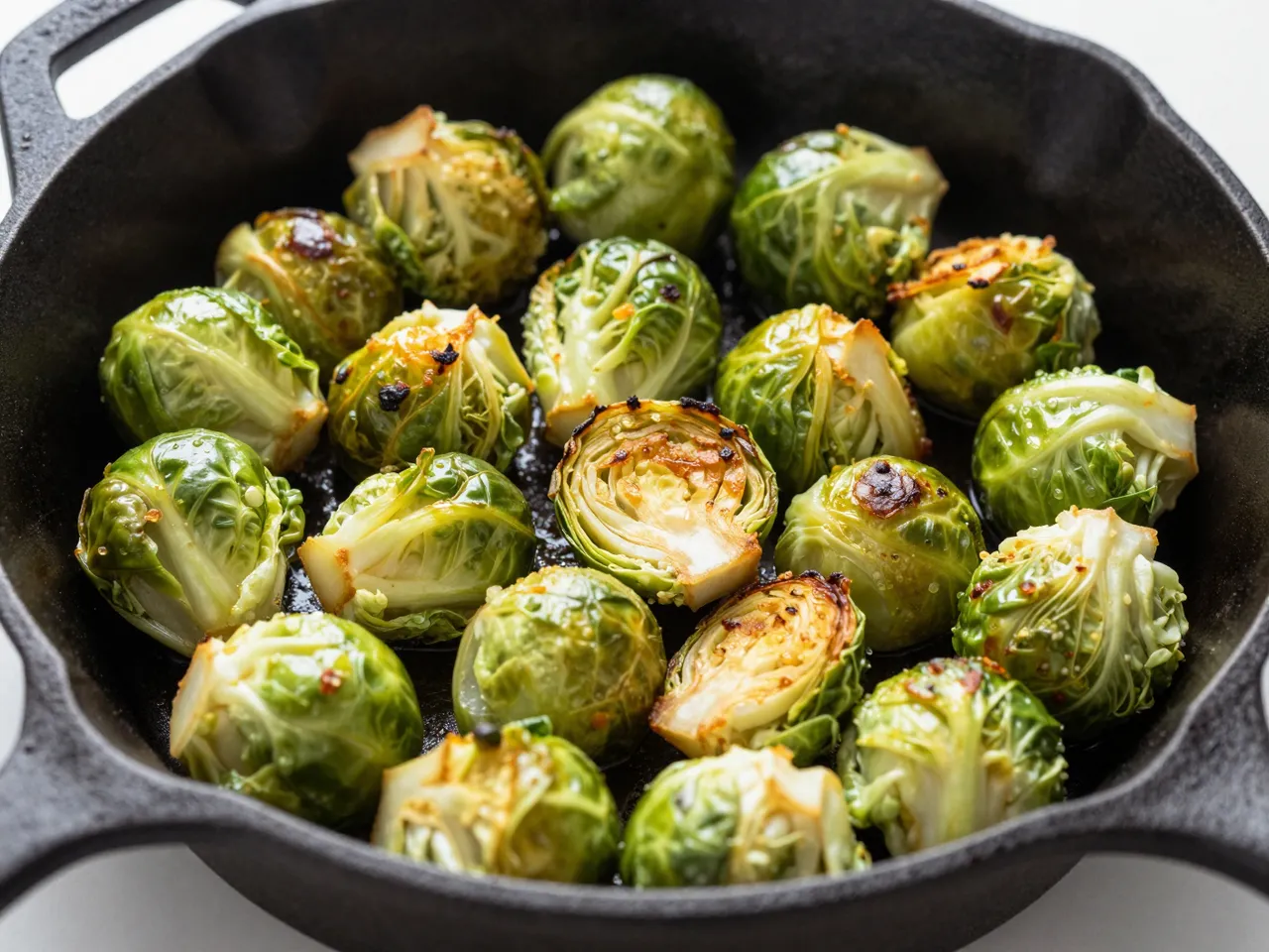 Crispy roasted brussels sprouts rest in a seasoned black cast iron skillet on a light countertop