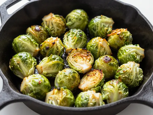 Crispy roasted brussels sprouts rest in a seasoned black cast iron skillet on a light countertop