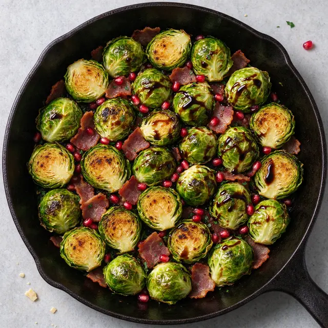 Overhead view of crispy roasted brussels sprouts with bacon, pomegranate seeds and balsamic glaze in a black cast iron