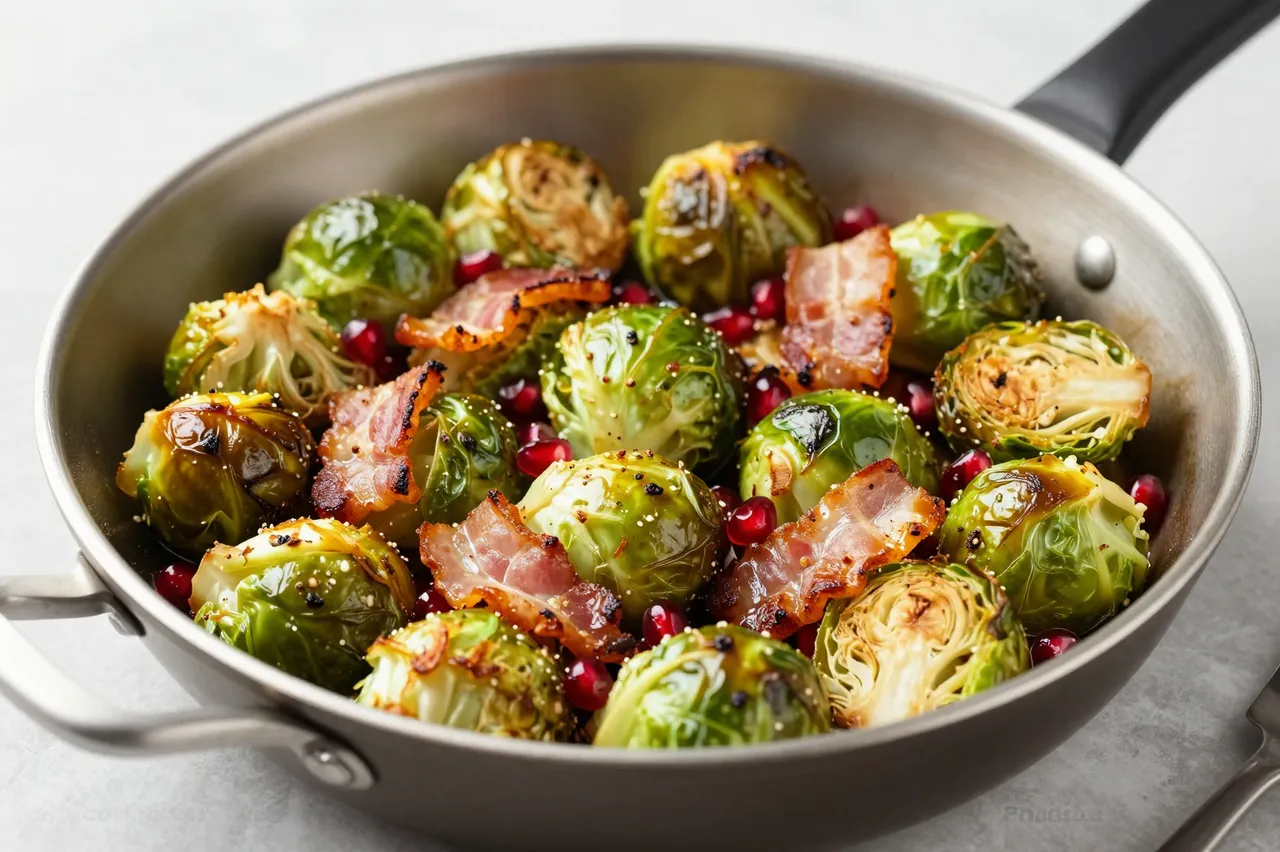 Seasoned roasted Brussels sprouts with crispy bacon and pomegranate seeds in a metal skillet on a light countertop