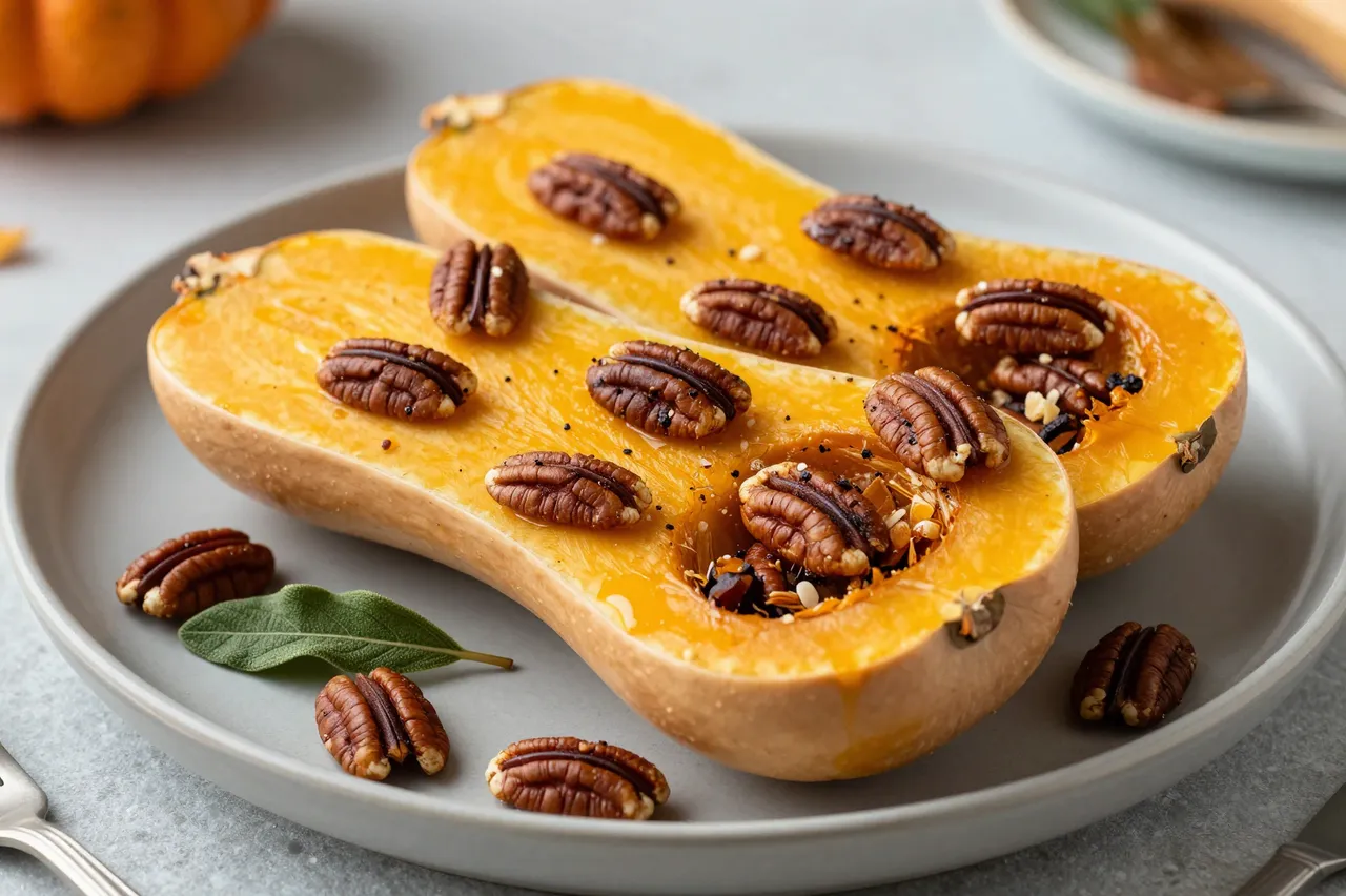 Halved roasted butternut squash topped with pecans and sage sits on a light gray ceramic plate