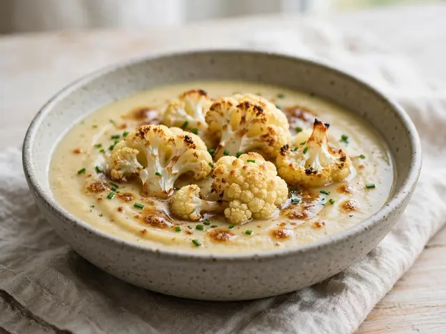 Creamy roasted cauliflower soup topped with florets, brown butter and chives in a speckled stoneware bowl on a linen cloth