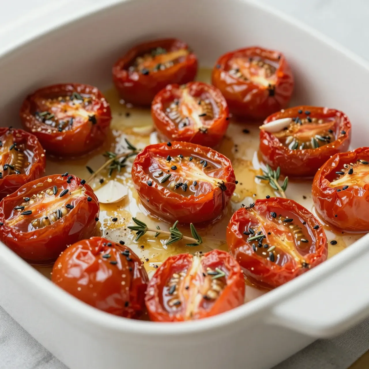 Halved roasted cherry tomatoes with garlic, thyme and seasoning sit in a white ceramic baking dish