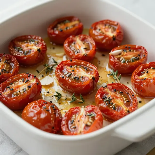 Halved roasted cherry tomatoes with garlic, thyme and seasoning sit in a white ceramic baking dish