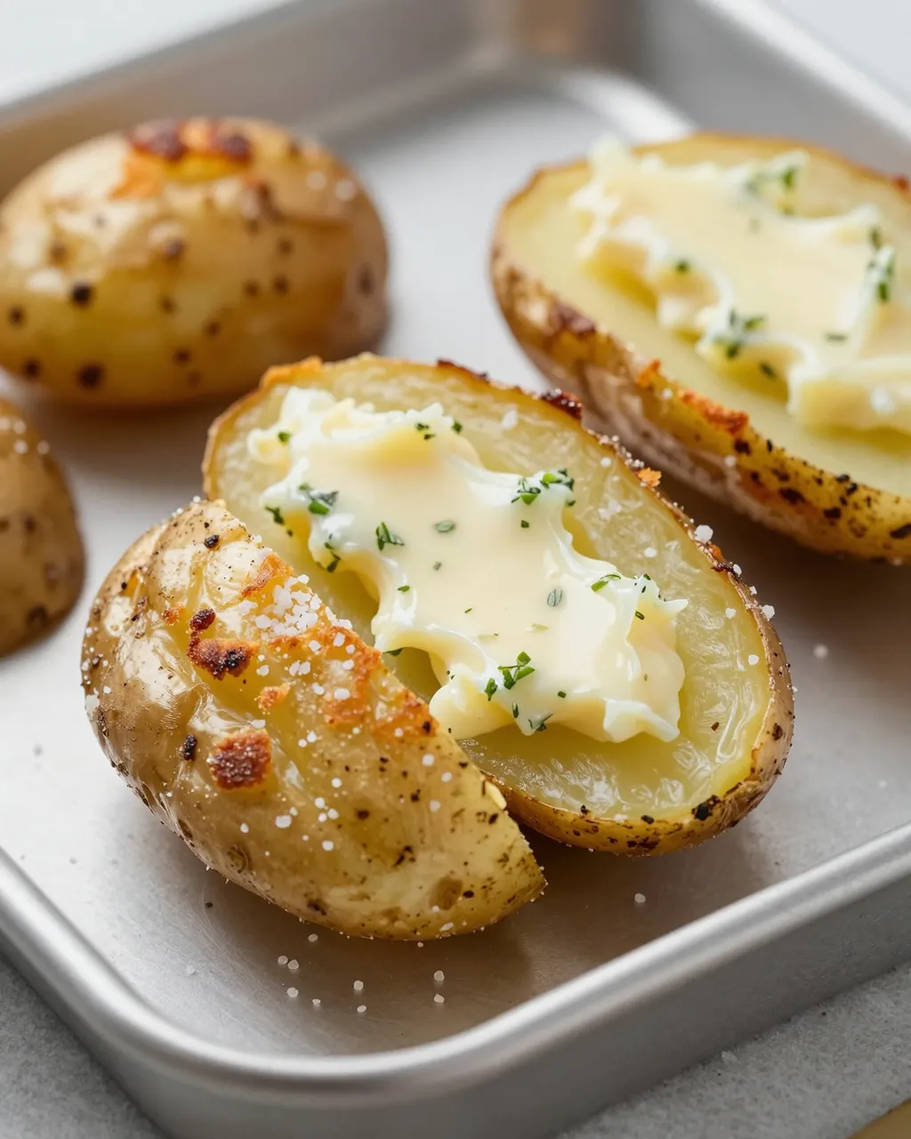 Close-up of seasoned baked potato halves with melted herb butter resting on a small metal sheet pan