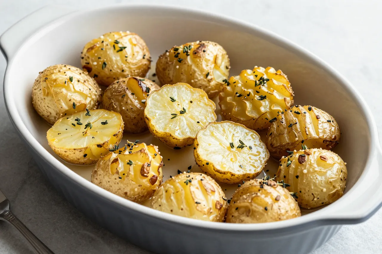 Golden roasted whole and halved potatoes topped with fresh thyme sit in an oval ceramic baking dish