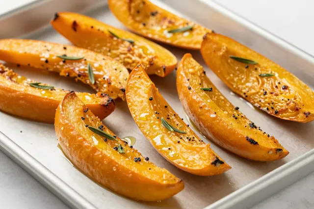 Roasted seasoned pumpkin wedges topped with herbs and olive oil rest on a parchment-lined baking sheet.