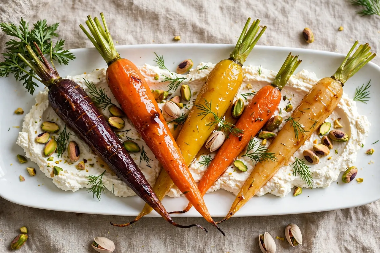 Glazed roasted rainbow carrots with green tops arranged on whipped feta topped with pistachios and dill on a white platter