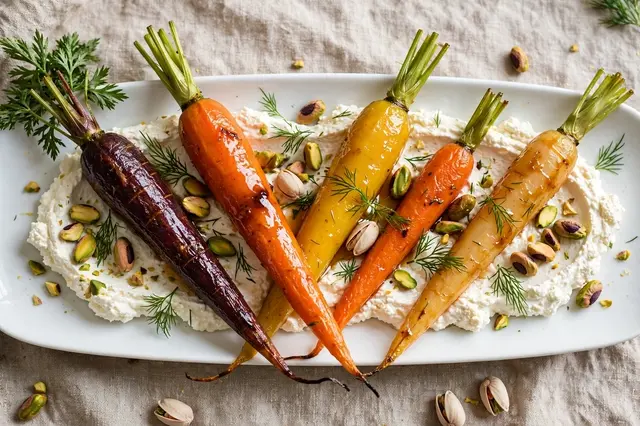 Glazed roasted rainbow carrots with green tops arranged on whipped feta topped with pistachios and dill on a white platter