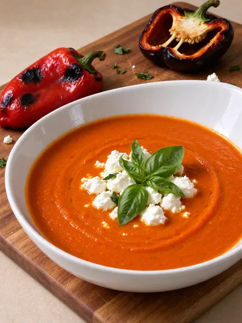 Creamy roasted red pepper soup topped with goat cheese and basil in a white bowl next to charred peppers on a wooden board