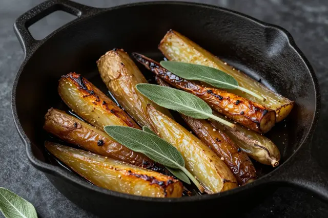 Charred glazed roasted root vegetables topped with fresh sage leaves sit in a black cast iron skillet