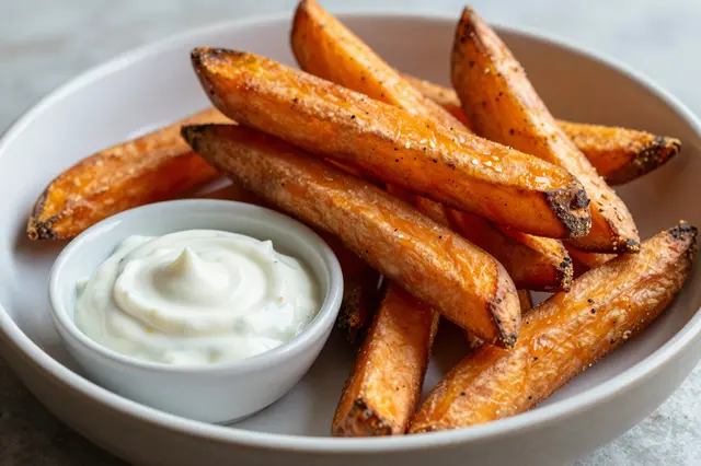 Seasoned roasted sweet potato fries arranged in a light bowl next to a small ramekin of garlic aioli dip