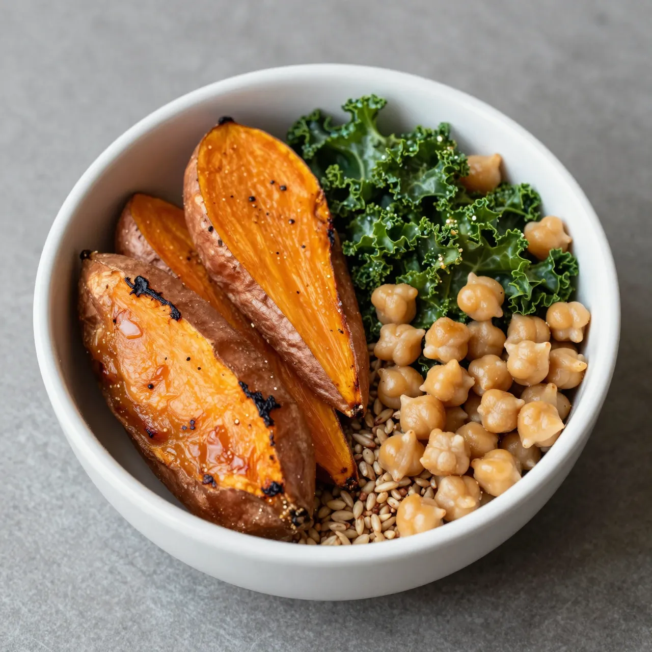 Top view of a white bowl filled with roasted sweet potato, kale, chickpeas and grains on a gray surface
