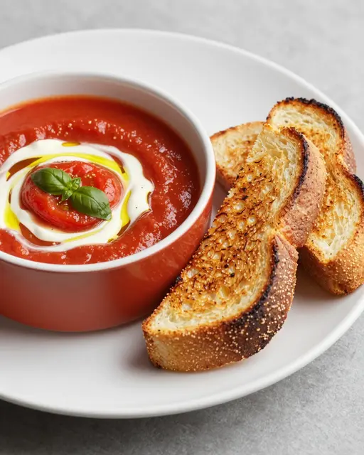 Bowl of creamy roasted tomato soup topped with cream, oil and basil, served with grilled bread on a white plate