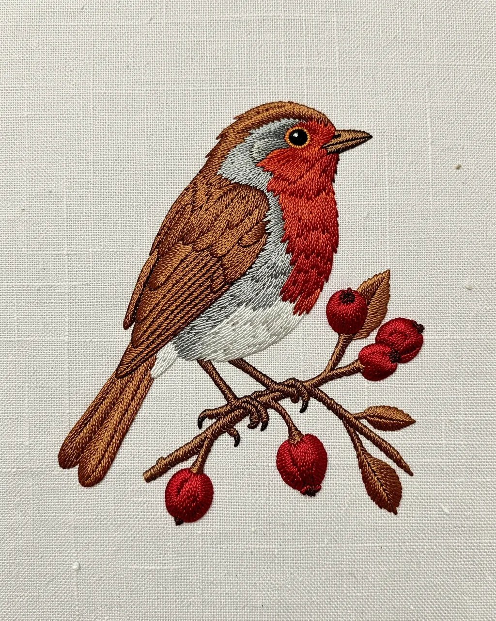 Satin stitch embroidery of a robin perched on a berry branch on linen fabric