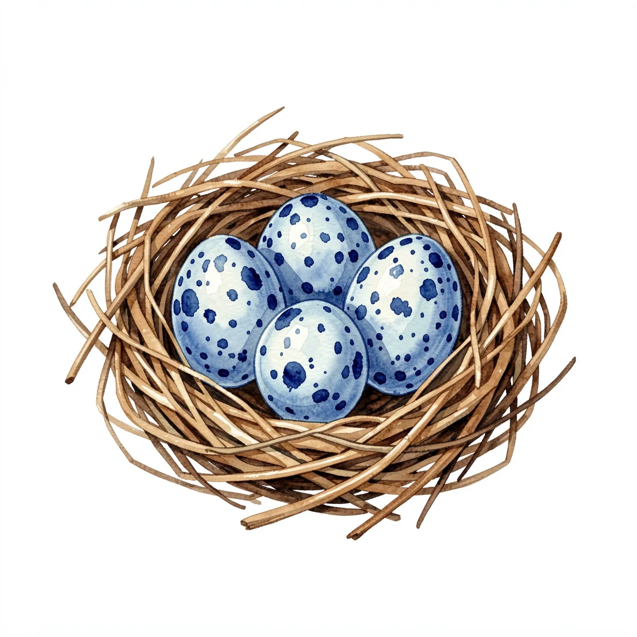 Watercolor illustration of four speckled blue robin eggs resting inside a woven twig nest on a plain white background