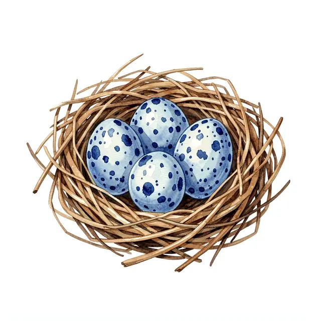 Watercolor illustration of four speckled blue robin eggs resting inside a woven twig nest on a plain white background