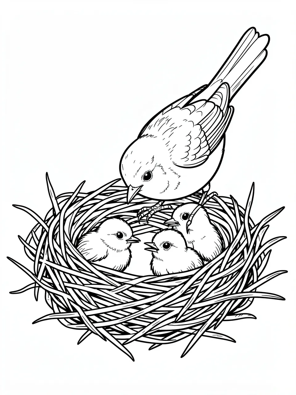 Black and white line art of a parent robin tending to three baby chicks inside a twig nest